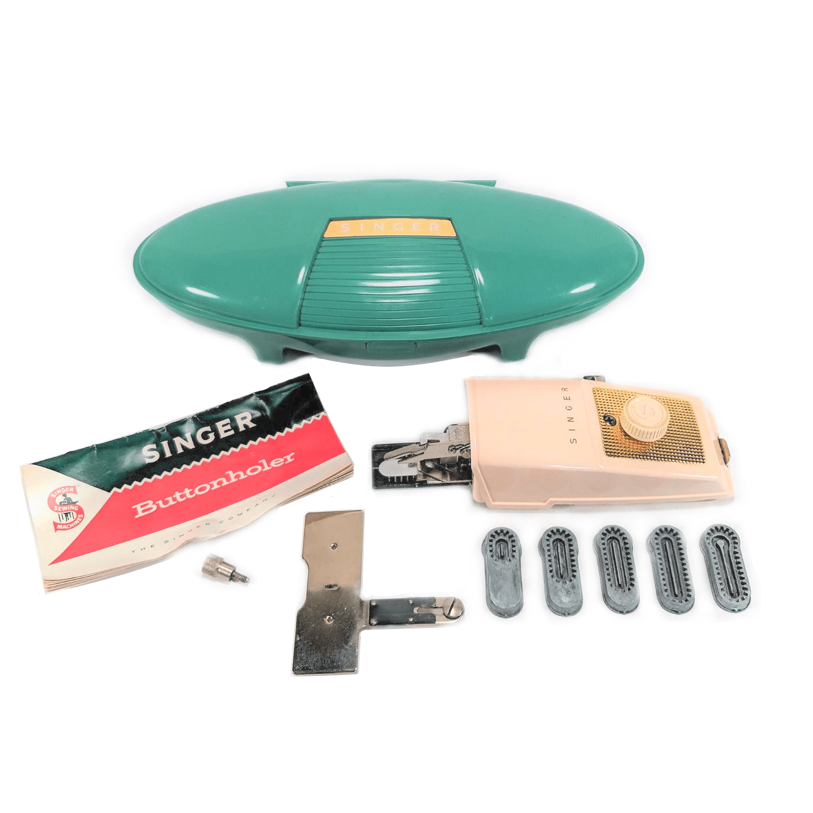 Singer Sewing Machine Low Shank Buttonholer Attachment 489500 w Atomic Case - The Old Singer Shop