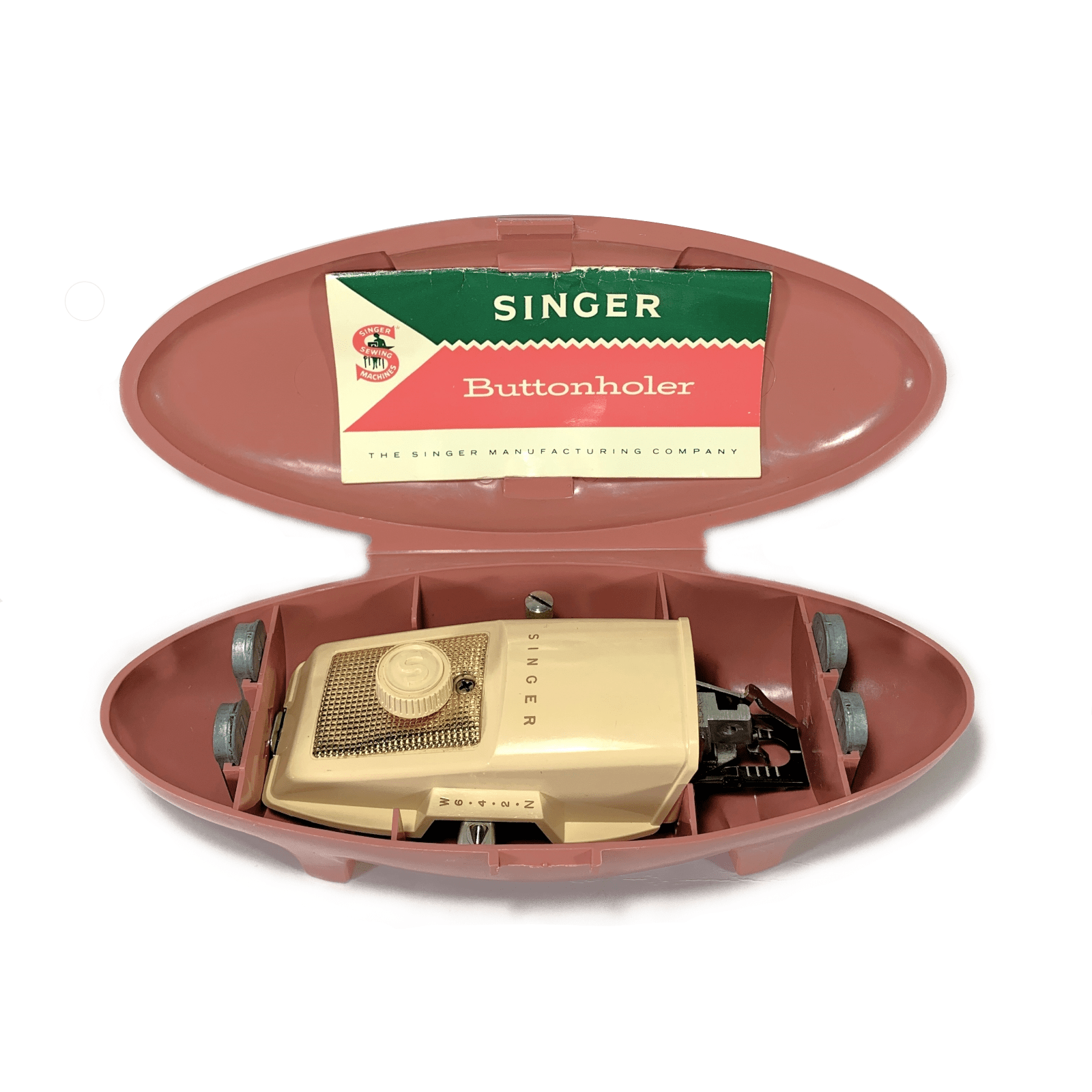 Singer Sewing Machine Slant Shank Buttonholer Attachment 489510 w Atomic Case - The Old Singer Shop