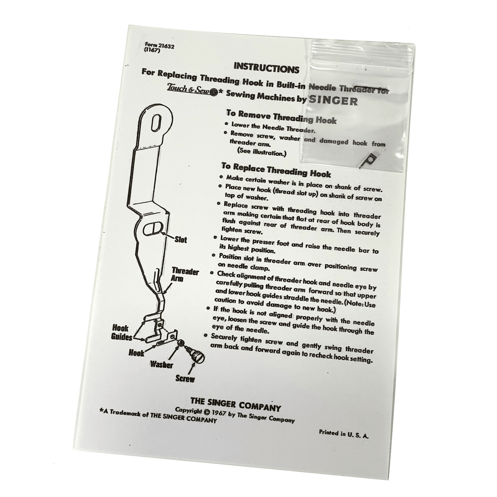 Singer Touch & Sew Sewing Machine Hook for Built - In Needle Threader Simanco 163429 - The Old Singer Shop
