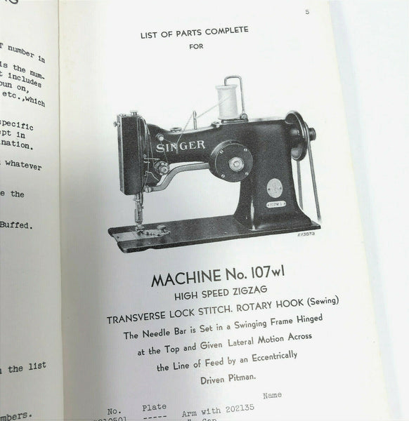 Singer 107wl Industrial Sewing Machine List of Parts Booklet Manual 1945