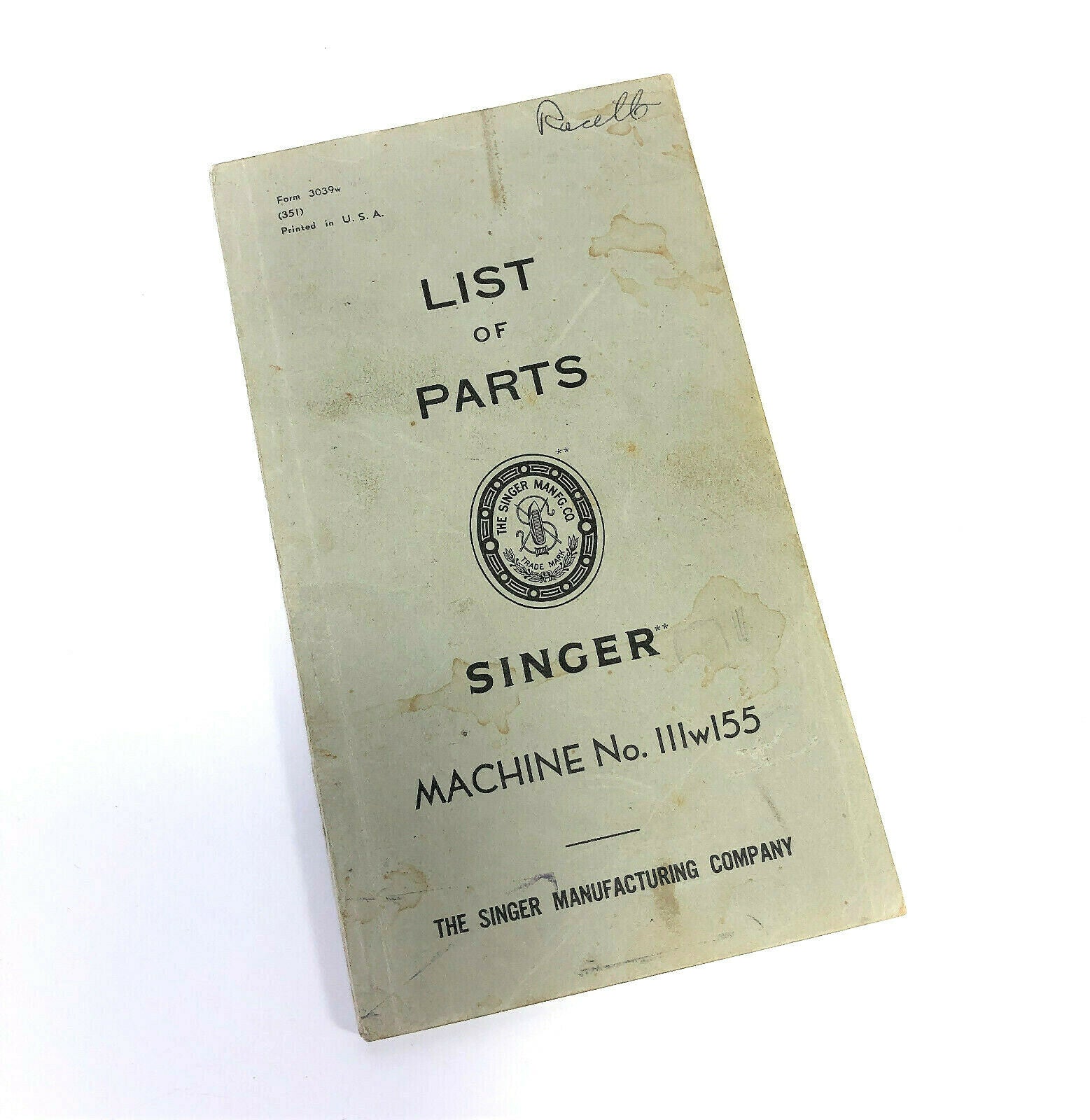 Singer 112w140 Industrial Sewing Machine List of Parts Booklet