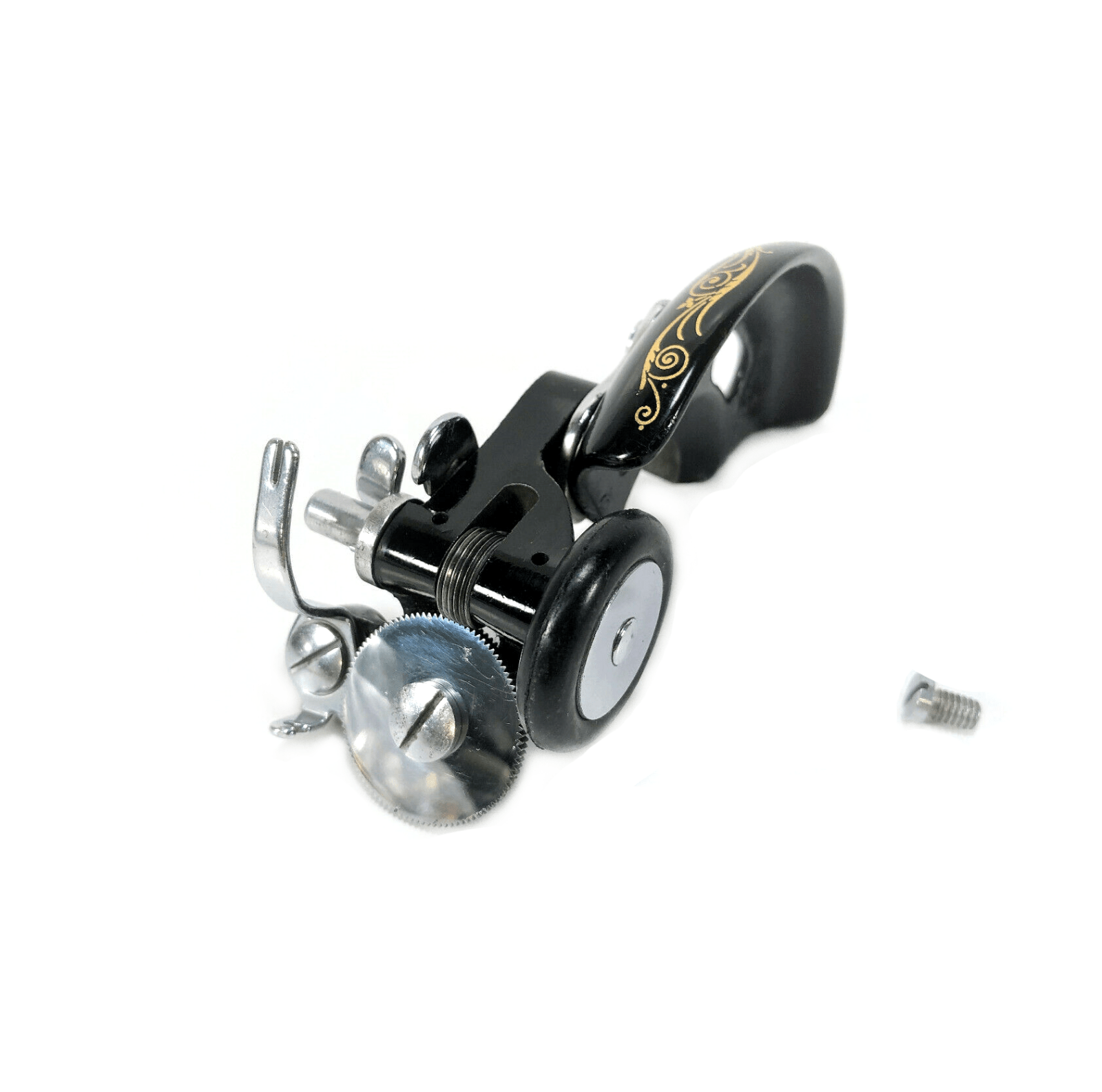 Singer 66 99 Sewing Machine Bobbin Winder Belt Guard Assembly w Filigree Decal for Spoked Wheel CR - The Old Singer Shop