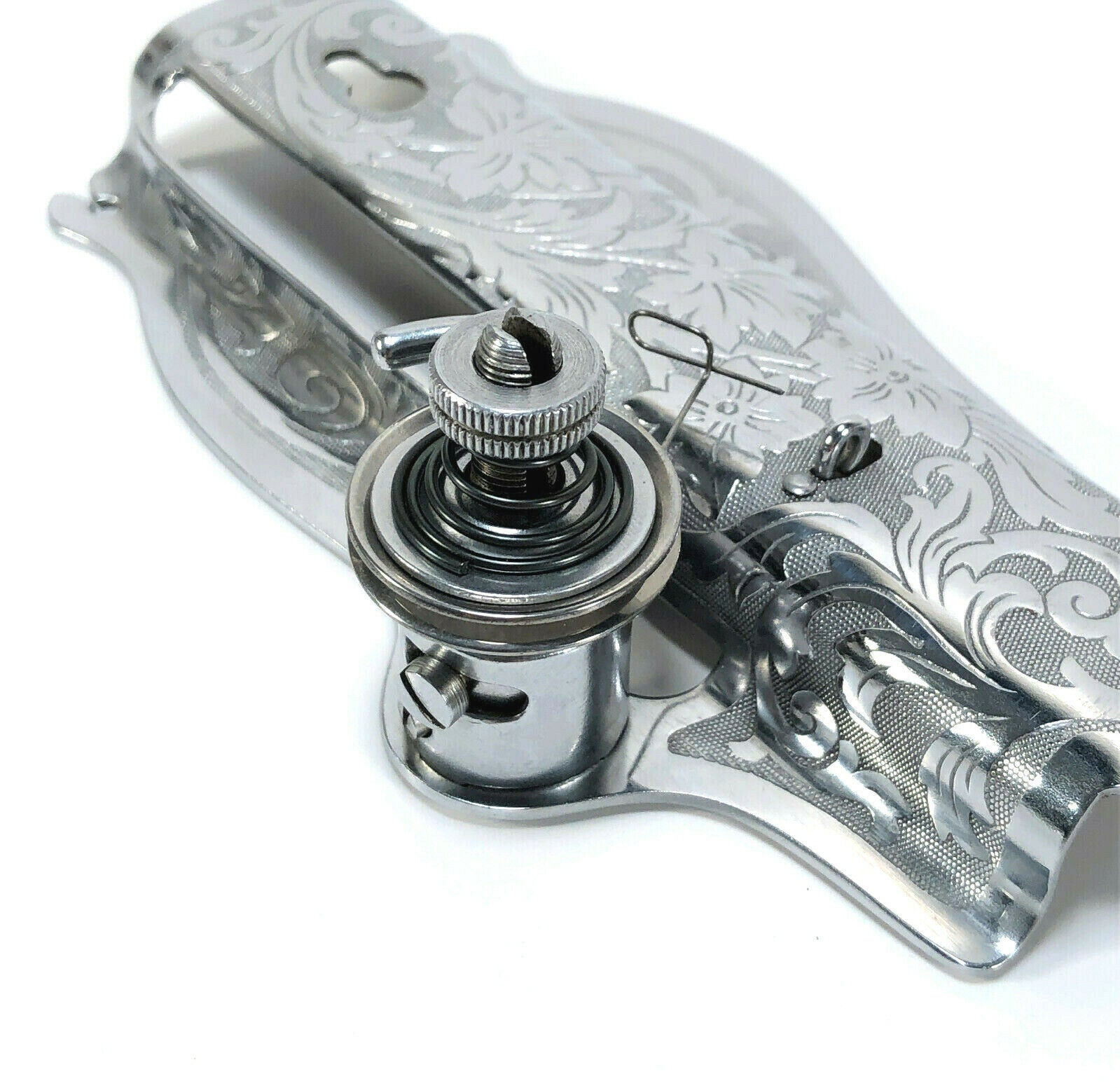 Early Singer 15 Sewing Machine Floral Face Plate and Tension Assembly in Chrome Simanco 15406 - The Old Singer Shop