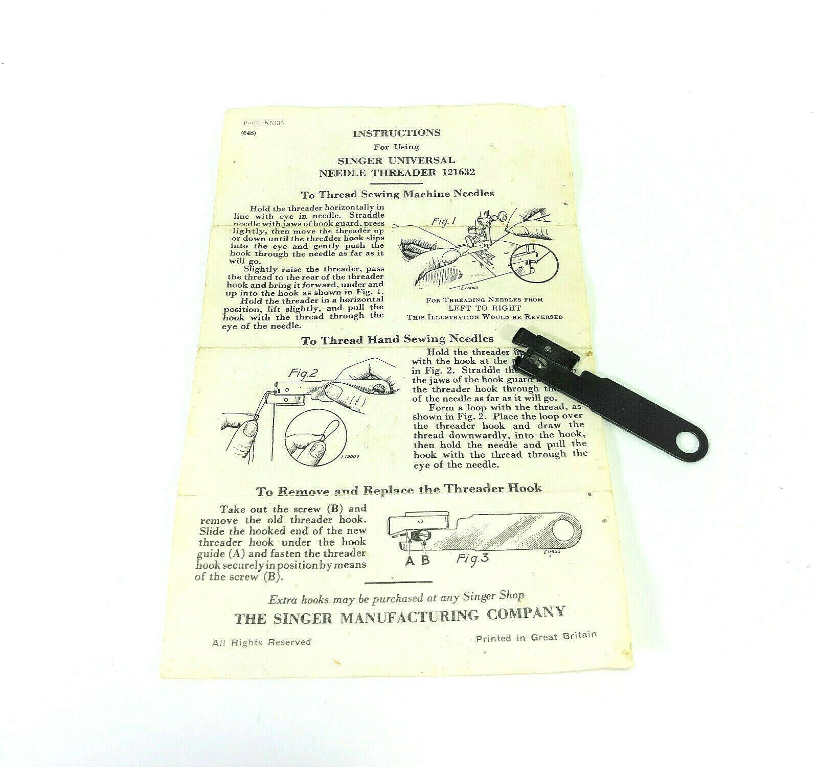 Singer Sewing Machine Blackside Universal Needle Threader Simanco 121632 - The Old Singer Shop