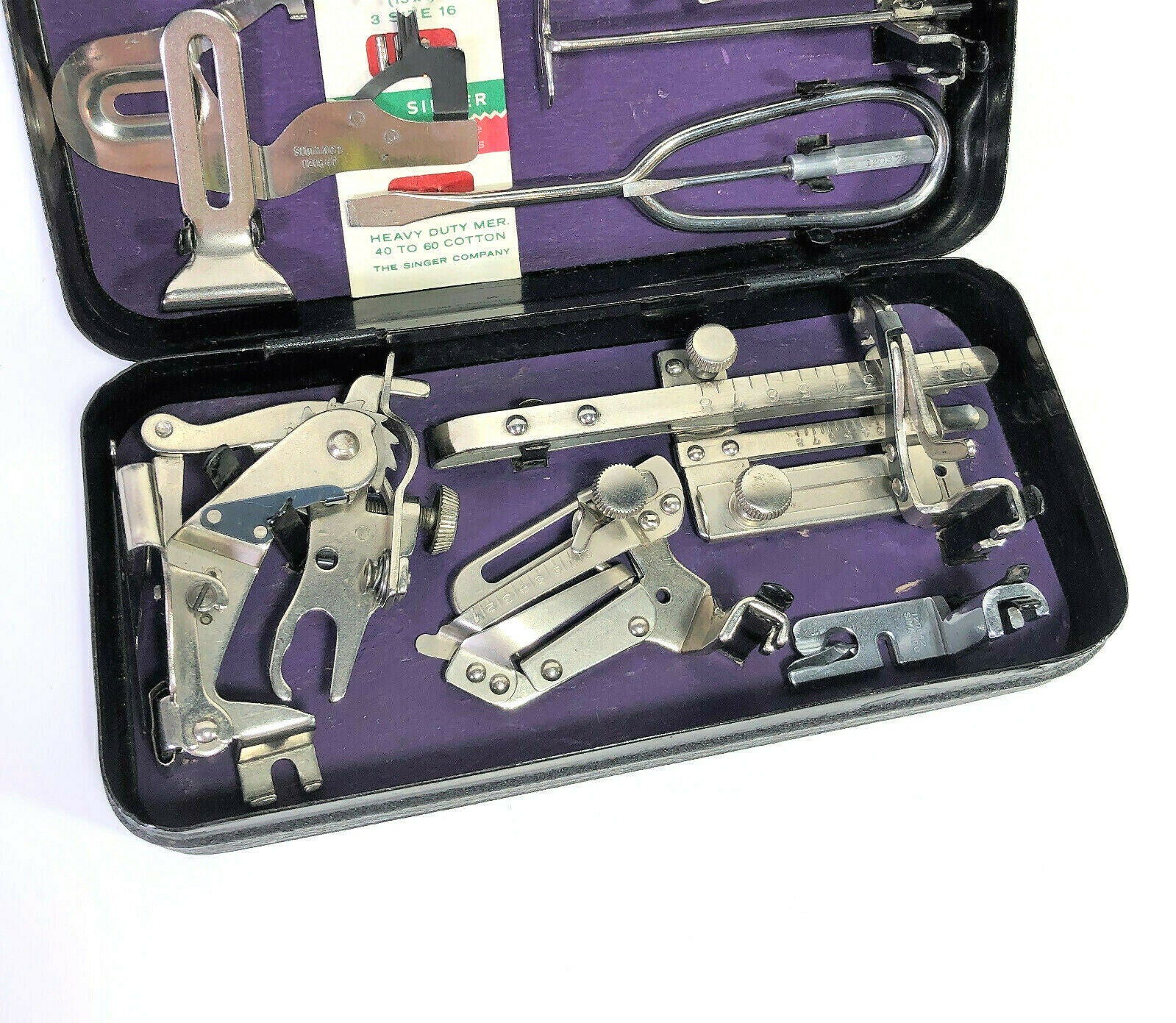 Singer Sewing Machine Godzilla Attachment Set Low Shank Feet and Accessories in Crinkle Case - The Old Singer Shop