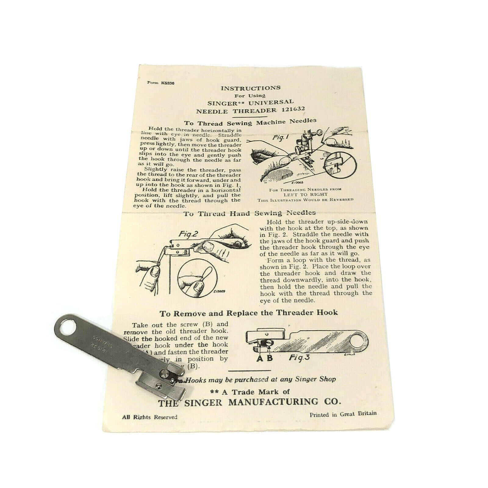 Singer Sewing Machine Universal Needle Threader w Instructions Simanco 121632 I - The Old Singer Shop