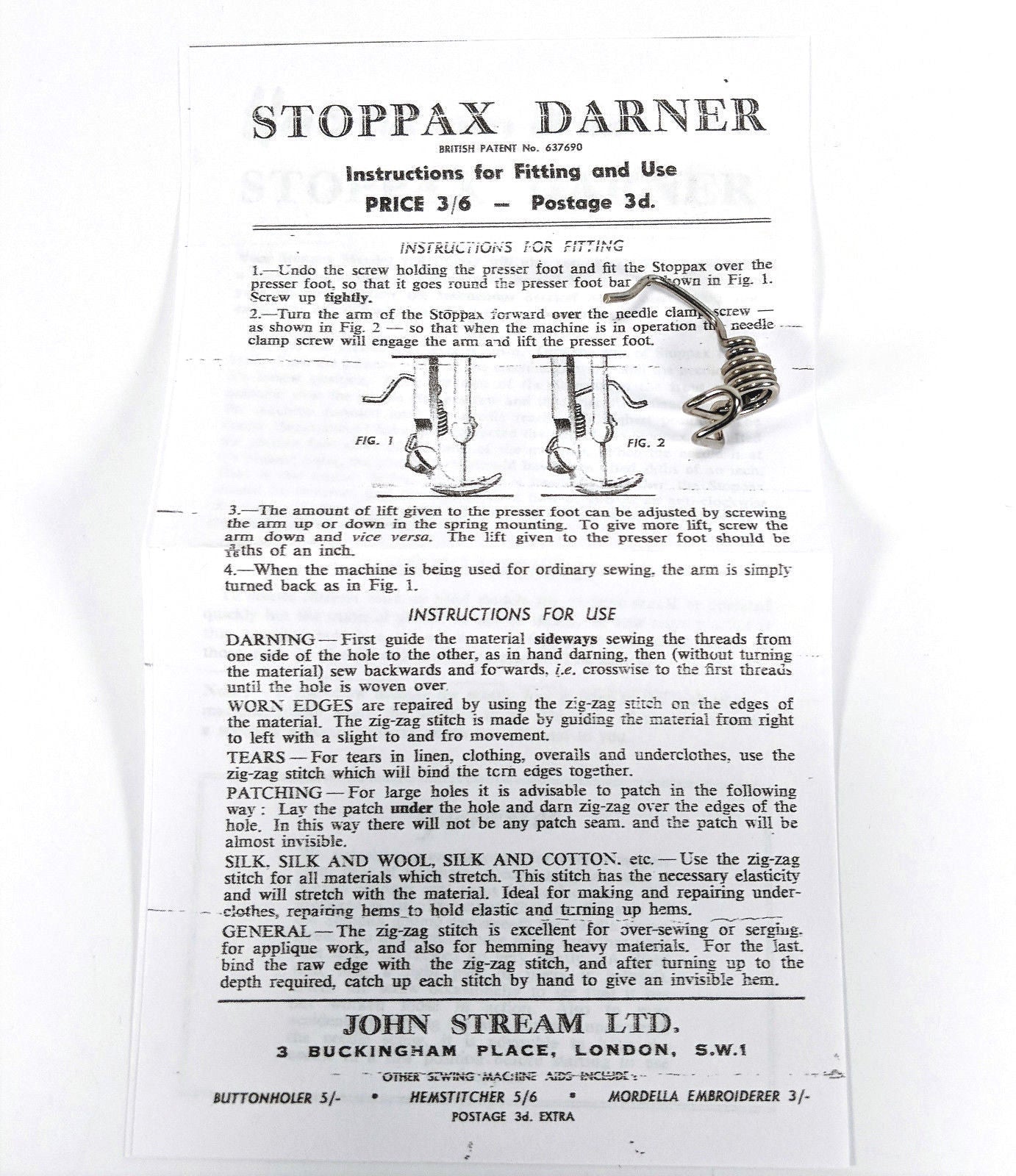 Stoppax Darner Darning Embroidery Attachment Vintage Sewing Machine Accessory - The Old Singer Shop